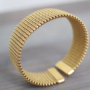 Wide Band Mesh Cuff Style Bangle Bracelet 18K Gold Plated Stainless Steel